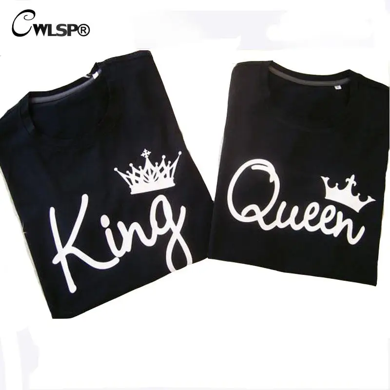 

CWLSP 2018 King Queen T Shirt Plus size Printing Couple Clothes lovers Tee Shirt Summer T-shirt Black Casual O-neck Tops QL4307