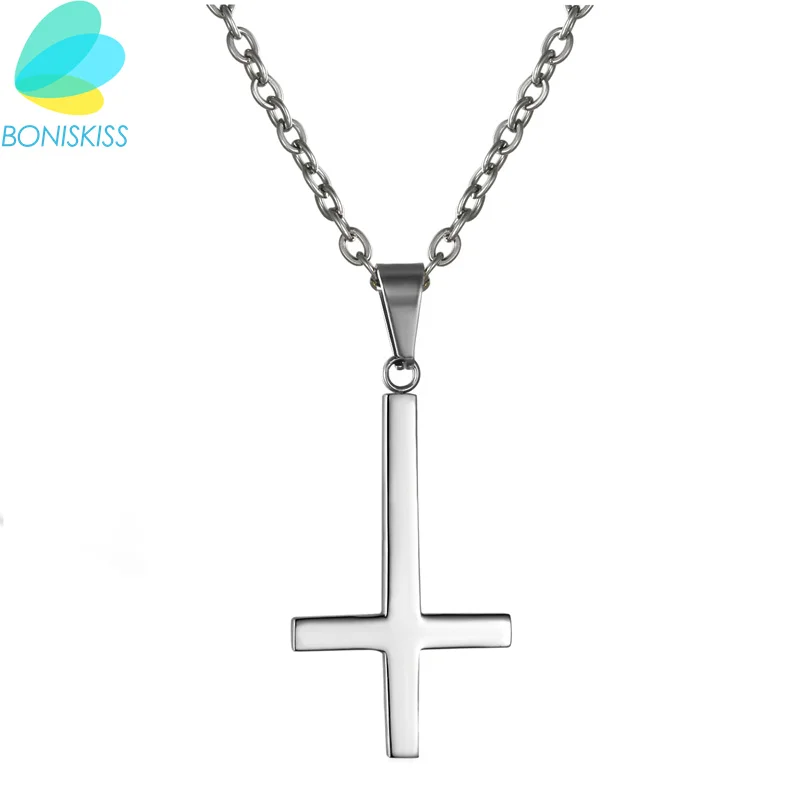 Boniskiss Male Silver/Gold/Black Inverted Cross Pendant Necklace for Men Stainless Steel Choker Collier Ras Du Cou Jewelry