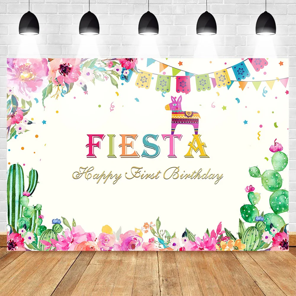 

Fiesta Theme Party Backdrop Happy First Birthday Photo Background Colorful Flowers Cactus Mexico Element Backdrops for Booth