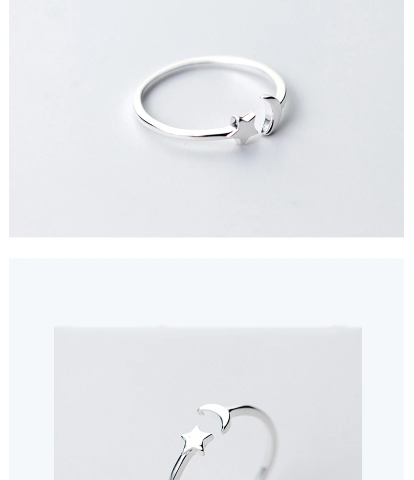 New Fashion 925 Sterling Silver Adjustable Crescent Moon and Tiny Star Rings for Women Girls Sterling Silver Jewelry Wedding (3)