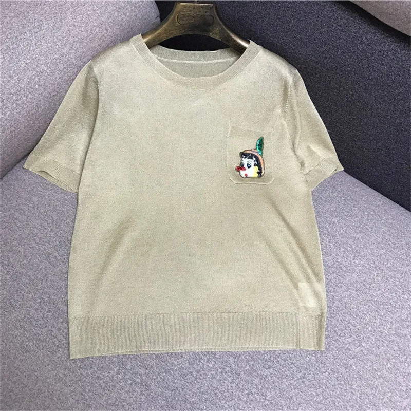 

Luxury Designer Brand Knitted Top for Women Sequin Cartoon Character Perspective Gold Wire Ice Silk Knitted T Shirts