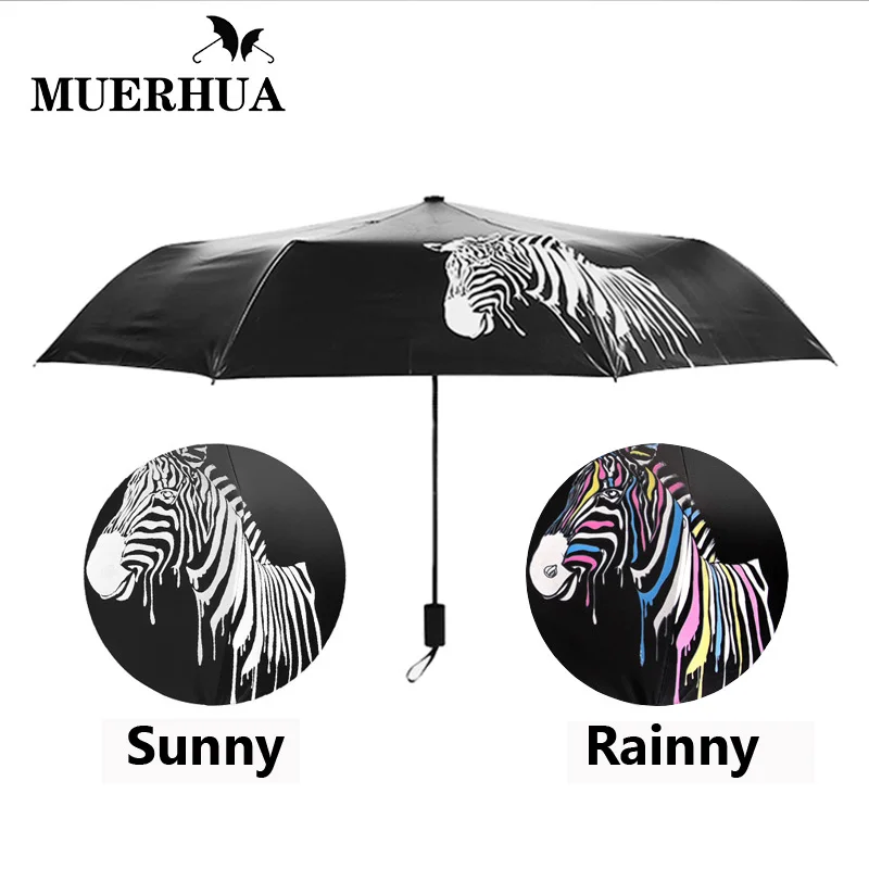 

MUERHUA Creative Color Change Umbrella Strong Waterproof UV Protection Umbrella Women Men 3 Folding Parasol Durable Rain Tool