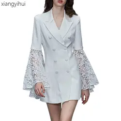 Кружева шить белый блейзер Flare с длинным рукавом Для женщин Высокая Талия двубортный мини-платье Вечерние работа пиджаки 2018 S-XXXL