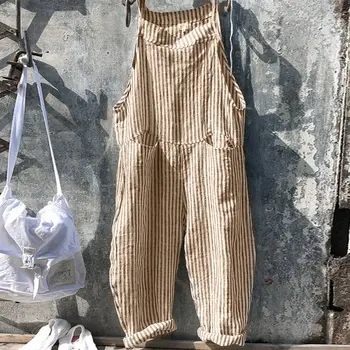 

2019 New Womens Plus Size Striped Jumpsuit Casual Wide Leg Straight Loose Playsuit Pockets Long Overalls Romper Trousers New
