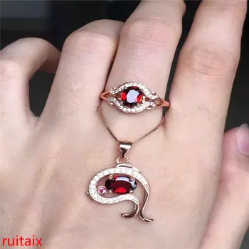 

KJJEAXCMY boutique jewels 925 pure silver inlaid natural garnet necklace pendant ring 2 pieces of jewelry.