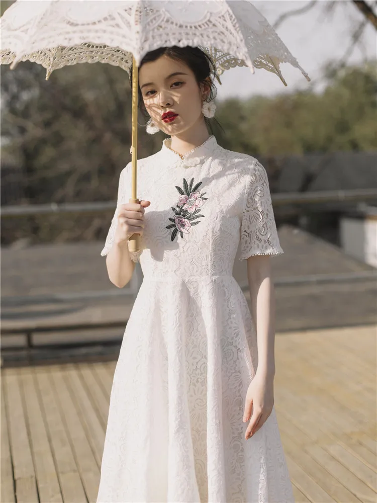 Короткое стильное традиционное китайское платье cheongsam белое женское элегантное платье из вискозы qipao поступление vestido