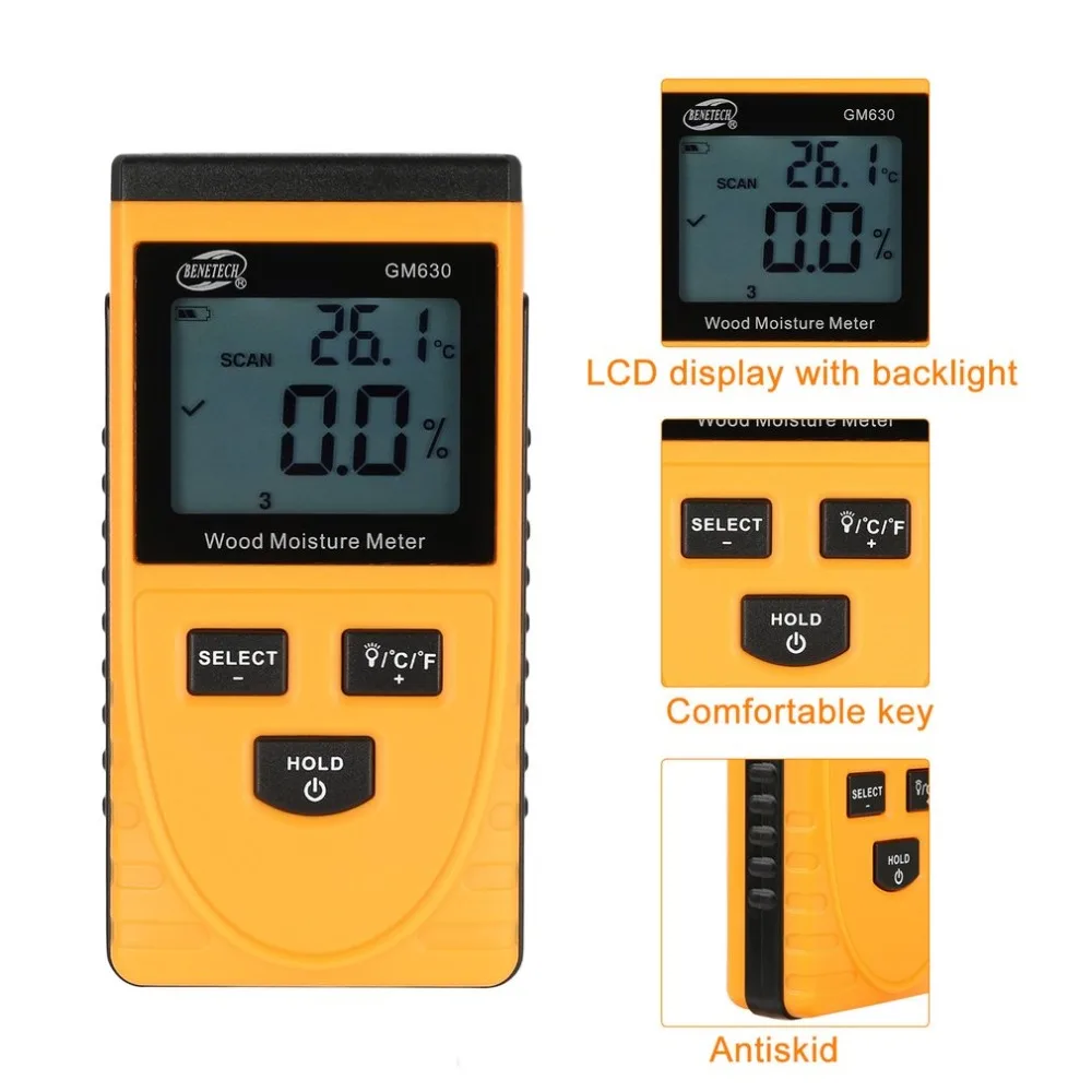 BENETECH GM630 Digital LCD Display Wood Moisture Meter Humidity Test Timber Paper Tree Damp Detector Density Hygrometer