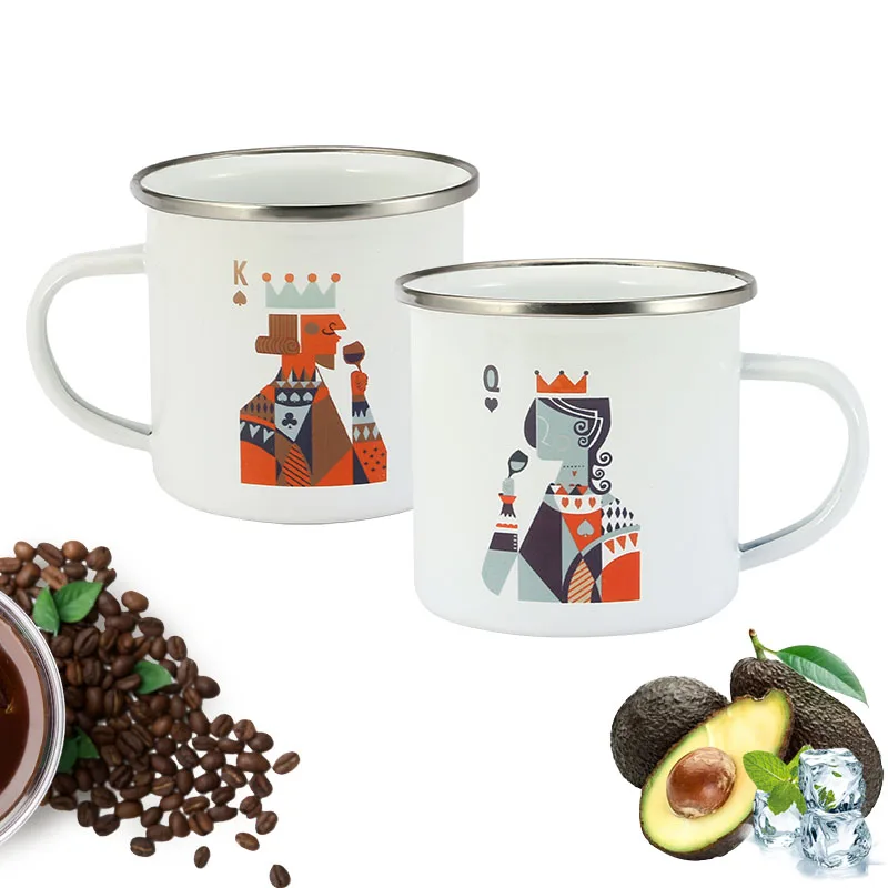 Valentine's Day 350 ml Enamel Coffee Mug Creative King Queen Breakfast Cup Black Roll Rim with Handgrip Milk Tea Cup Valentine's Day 350 ml Enamel Coffee Mug Creative King Queen Breakfast Cup Black Roll Rim with Handgrip Milk Tea Cup