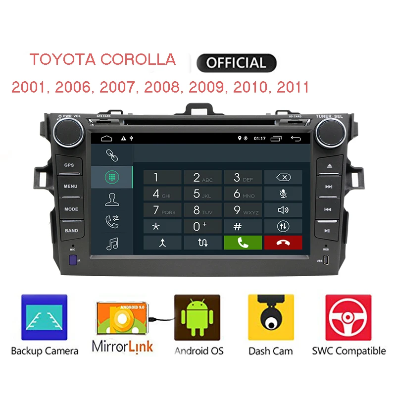 Best 8 inch 2 din Android 9.0 gps car dvd player for Toyota Corolla 2007 to 2008, 2009, 2010, 2011, 1024 * 600 car stereo radio