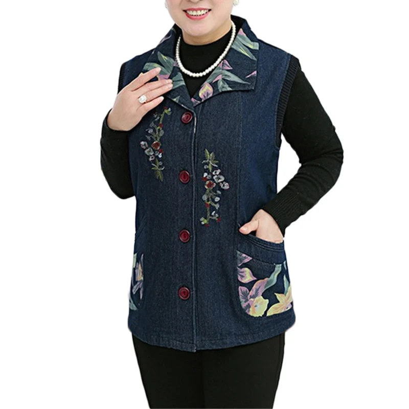 

Middle women's Spring Autumn Thin Denim Vest Women's Loose Plus size Casual Vests Jacket Printing Cardigan Cowboy Vests 4XL F227