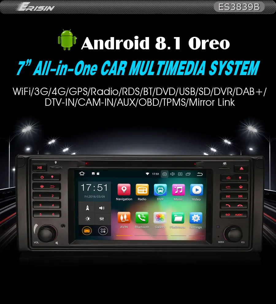 Excellent Erisin ES3839B PX30 Android 8.1 Car Multimedia Player 7" Car DVD GPS for E39 0