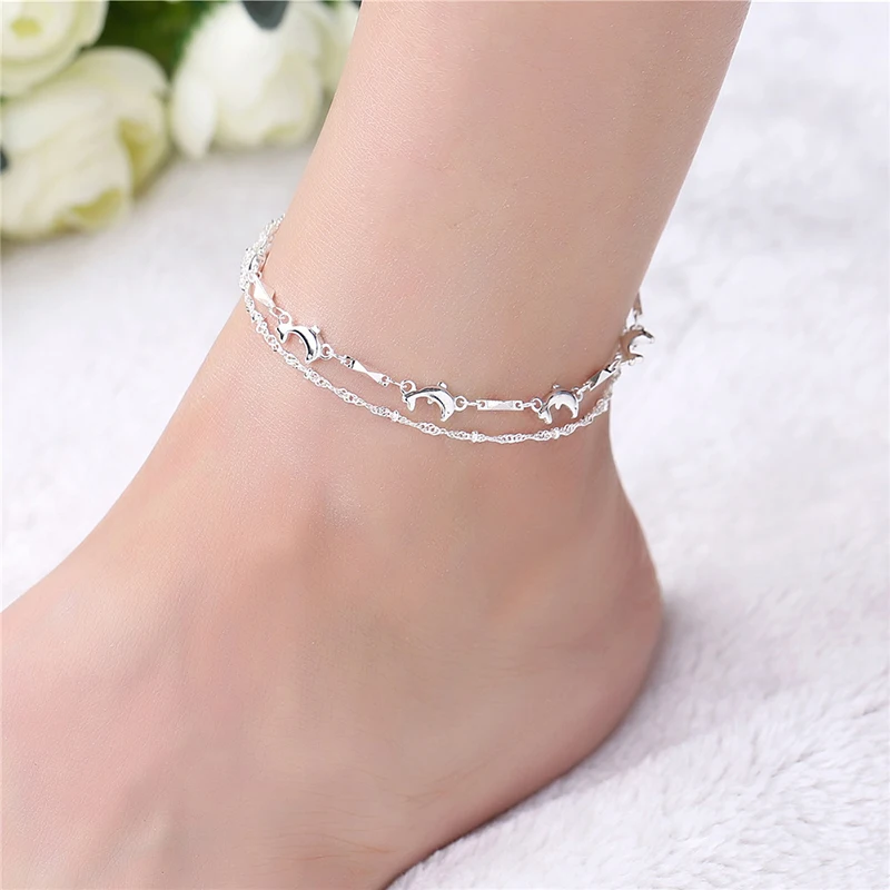 925 Silver Jewelry Cute Dolphins Anklet Retro Multilayer Anklet For