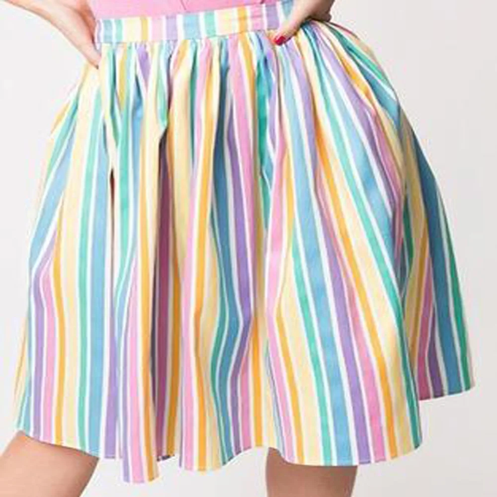 Женская новая Harajuku разноцветная полосатая мини-юбка эластичная юбка с высокой талией Женская трапециевидная Повседневная пляжная летняя