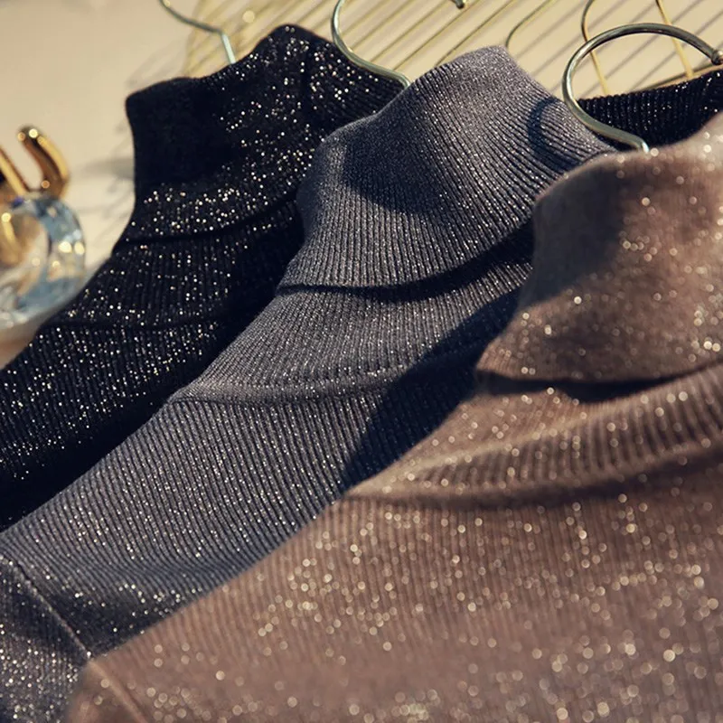 New Glitter Turtleneck Women Pullover Sweater High Elasticity Knitted Flash Slim Jumper Autumn Winter Basic Female Sweater D333 New Glitter Turtleneck Women Pullover Sweater High Elasticity Knitted Flash Slim Jumper Autumn Winter Basic Female Sweater D333