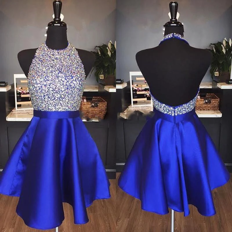 Royal Blue Satin Backless Homecoming Dresses Jewel Halter Sequins Crystal Backless Short Prom Dresses Sparkly Red Party Dresses99