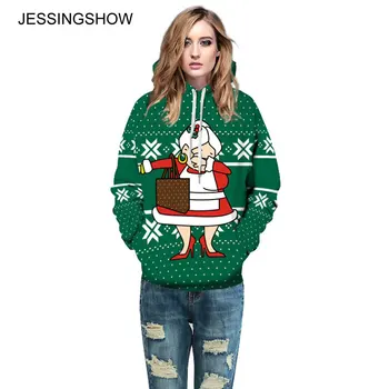 

JESSINGSHOW 3D Print Christmas Hoodies Sweatshirt Green Pullover Leisure Hooded Hoodie Spoof Santa Claus Loose Tops Women Men