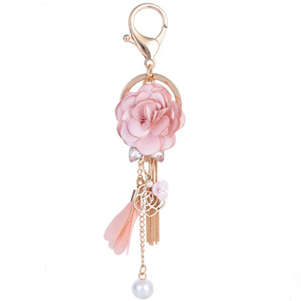 

Charm Pink Rose Flowers Keychain Gold Color Crystal Bow Chain Tassel Key Ring Porte Clef Bag Pendant Jewelry hot sale