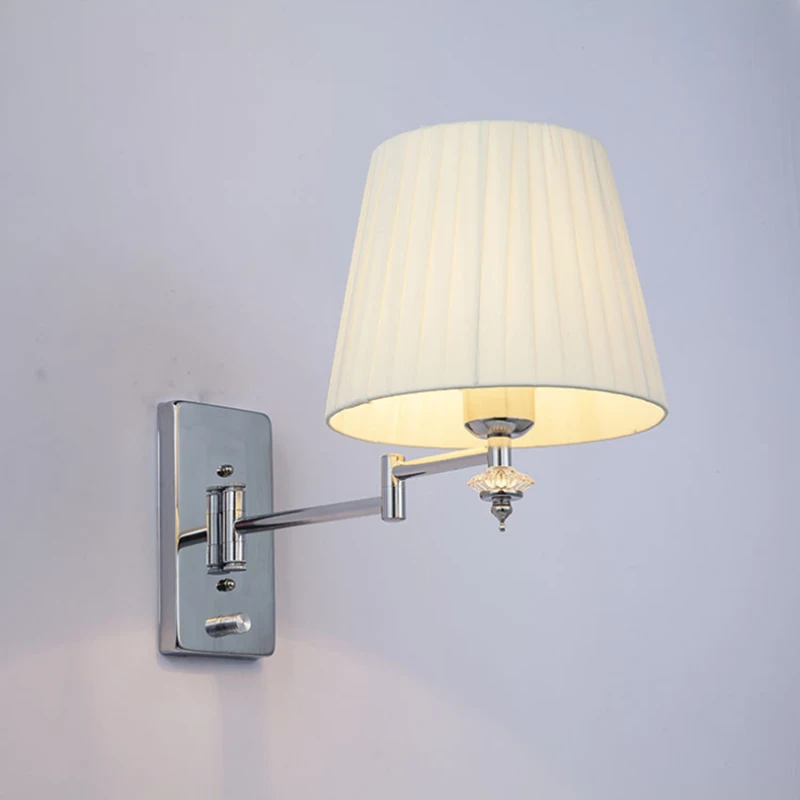 

Modern rocker arm telescopic adjustable single head wall lamp simple LED beige fabric lampshade hotel bedside decoration light