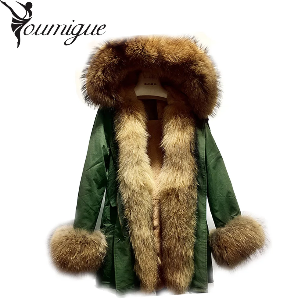 YOUMIGUE 2016 Winter New Women Large Raccoon Fur Collar Hooded Coat Army Green Black Parkas Outwear Detachable Winter Jacket