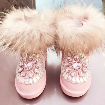 

100% Nature Leather Fox Fur Winter Snow Boots Mid-Calf Top Quality Warm Shoes Woman Botas Femininas