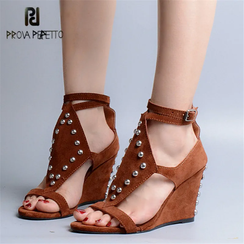

Prova Perfetto Rivets Studded Wedges Shoes for Women Suede Platform Pumps Summer Gladiator Sandals High Heel Sandal Wedges Woman