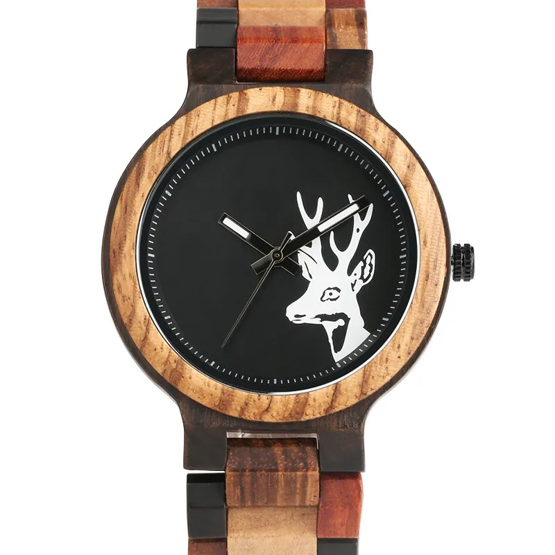 Colorful Wooden Watches Mens Hot Fashion Dear Head Design Quartz Watch