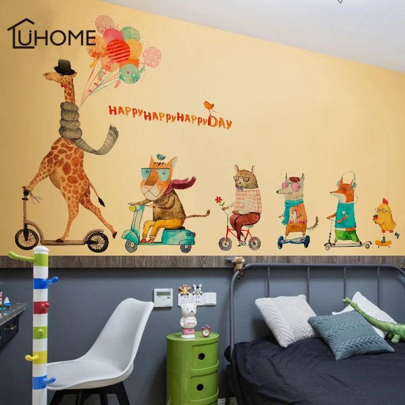 Cartoon Animal Family Giraffe Lion Fox Wall Stickers for Kids Room Wall Decoration Bedroom Children's Bedside Wallpaper