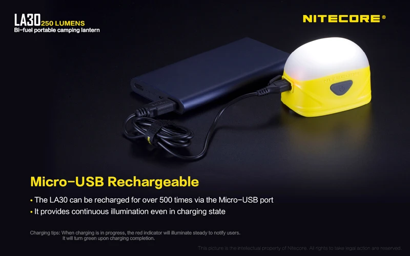 Nitecore LA30 250 люмен Micro-USB Перезаряжаемые света Би-топлива Портативный Кемпинг Фонари Встроенный 1800 мАч литий-ионный Батарея