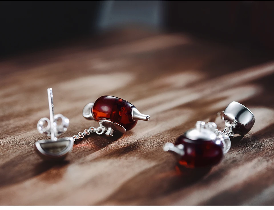 Muduh Collection Real 925 Sterling Silver Natural Amber Original Handmade Fine Jewelry Cute Teapot Dangle Earrings for Women Bijoux