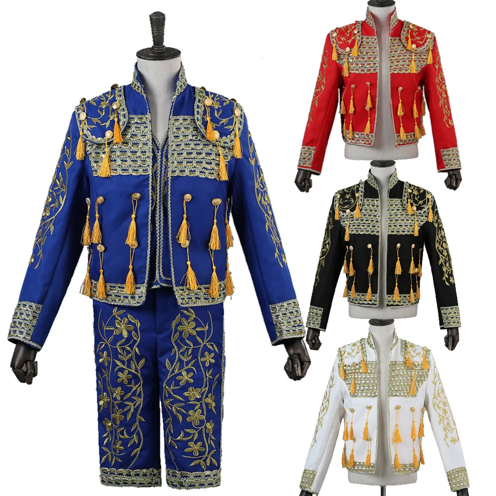 

Men's Matador Clothing Stage Court Performance Bullfighting Embroidery Black Red Blue Men's Sets Coat Vest Short Pant
