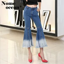 Градиент цвета расклешенные брюки выстиранный джинс брюки Лето Высокая талия горячая распродажа Женские джинсы синие Лоскутные оборки M17031108