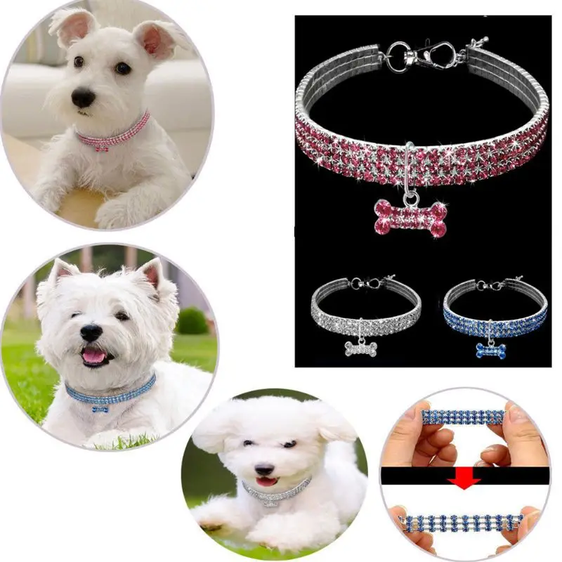 

Metal Alloy Small Dog Puppy Necklace Luxury 3 Rows Glitter Rhinestone Adjustable Clasp Pet Cat Chocker Collar With Bone Pendant