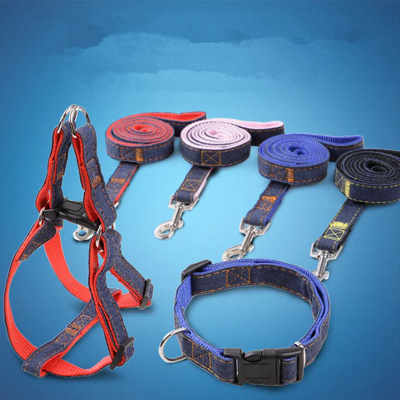 2017 Pet Supplies Puppy Dog Harness Collar Leash Set Adjustable Jeans Denim Traction Belt for Training Walking Products|collar leash set|dog harness