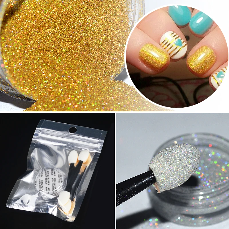 

ZKO 1g/Box Holographic Nail Glitter Powder & 2pcs Brush Nail Art Holo Glitters Powder Dust Shinny Gold Sliver Decorations