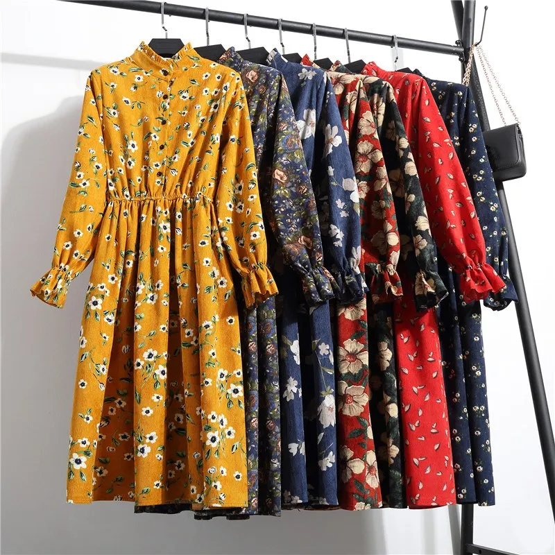 

New Autumn Winter Woman Floral Print Dress Corduroy Soft Elastic Waist Mid A-Line Dress Button Stand Collar Party Dresses