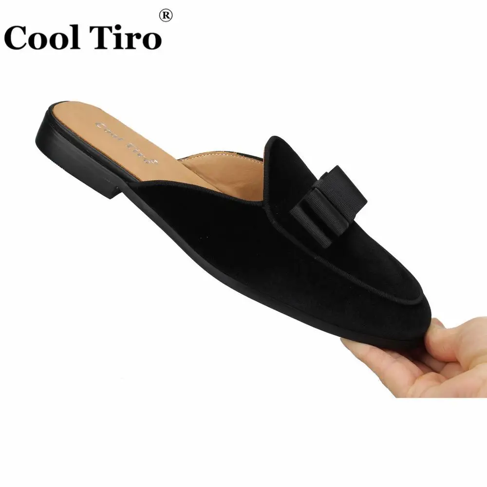 

Cool Tiro Black Velvet Mules Slippers Men Bow Tie Slip-On Flats Men Handmade shoes Casual Shoes Genuine Leather Indoor and outdo