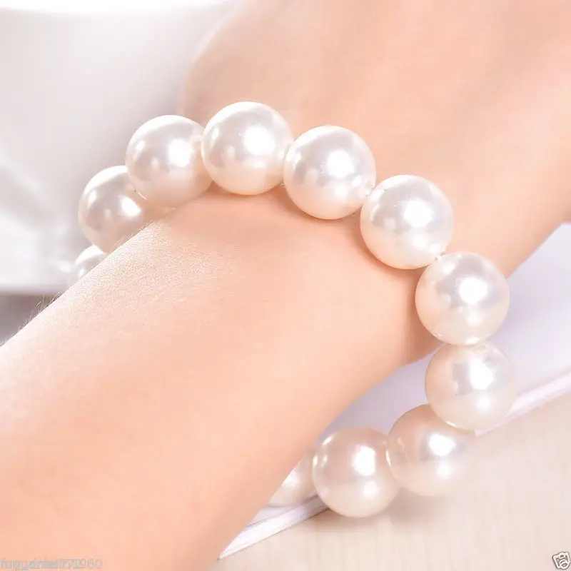 

Wholesale price 16new ^^^^14mm Genuine White mother of pearl Bracelet Women Jewelry Stretch Bracelets