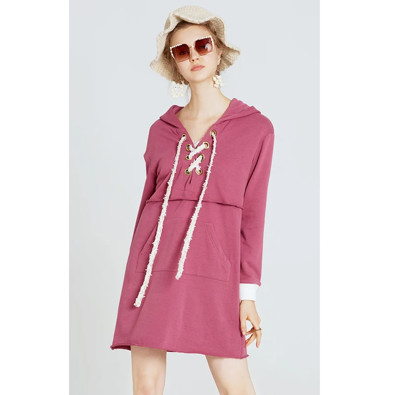 womens clothing fuchsia 100%cotton loose hoodie dress eyelet string lace up kangaroo pocket long sleeve casual fall dresses sale