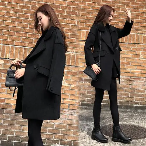 Зимнее корейское женское Свободное пальто для офиса, черное двубортное шерстяное пальто, модные женские пальто - Цвет: Черный