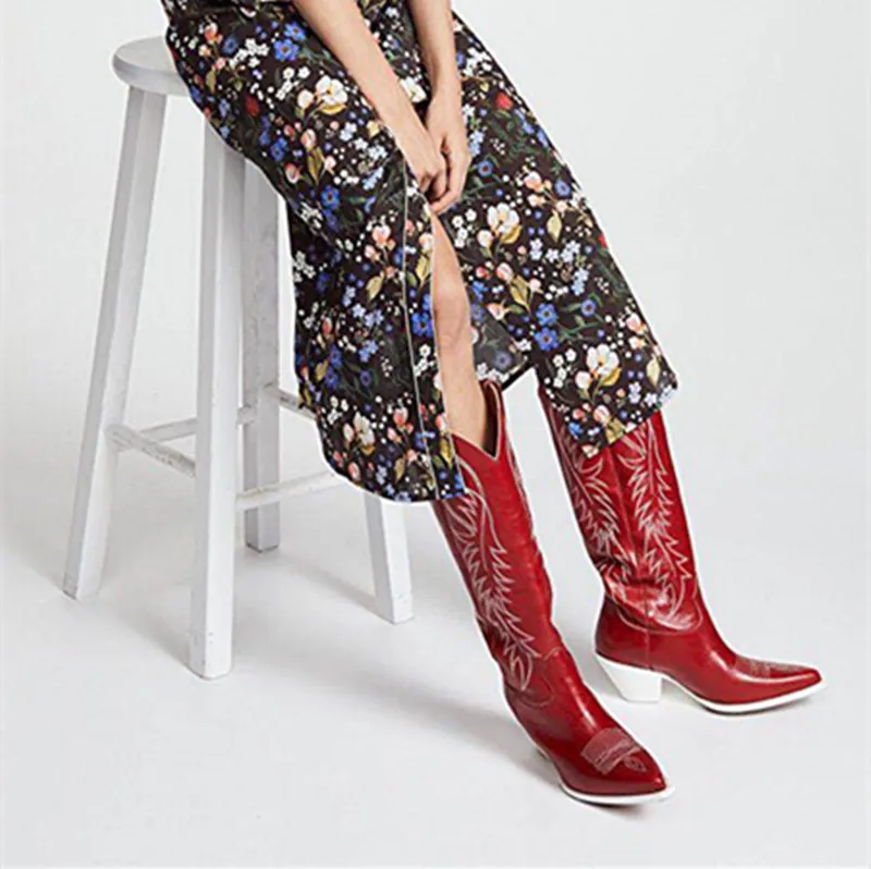 

2018 European and American new style embroider pointed toe chunky heel knee boots genuine leather women's shoes Cowboy boots