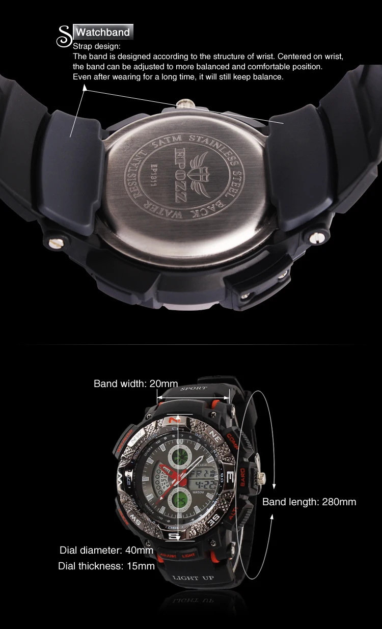 Epozz Модные Аналоговые Цифровые мужские спортивные часы, мужские водонепроницаемые часы для плавания, 50 м, круглое пластиковое кольцо, уличные часы E1311