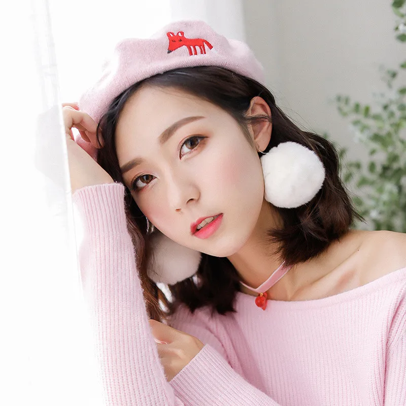 Шерстяной берет шляпа японская Вышивка Принцесса сладкий Лолита колледж Стиль любовь узор прекрасная зимняя теплая винтажная маленькая Пчелка шляпа - Цвет: fox pink