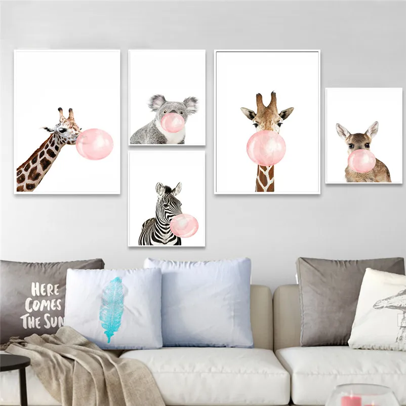 

Pink Balloon Nordic Style Kids Decoration Cartoon Zebra Giraffe Wall Pictures For Living Room Posters and Prints Guadros