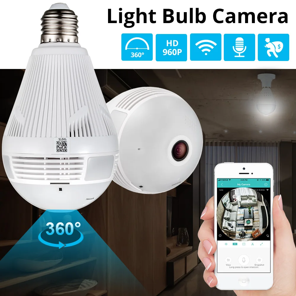 

KERUI 360 Degree LED Light 960P Wireless Panoramic Home Security Infrared Night Vision WiFi CCTV Fisheye Bulb Lamp IP Camera