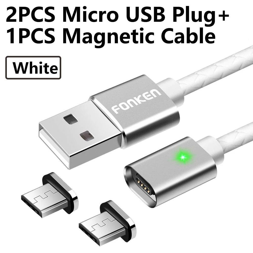 FONKEN Micro USB кабель Магнитный кабель для быстрой зарядки Max 2.4A светодиодный кабель для зарядки и синхронизации данных мини USB Магнитный кабель для мобильного телефона - Цвет: 2 Plug 1 white cord