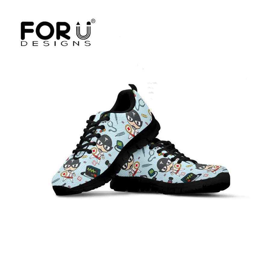 

FORUDESIGNS Hero Doctor Womens Sneaker Black Print Casual Flats Shoes Mesh Breathable Female Nurse Ulzzang Shoes Sapato Feminino