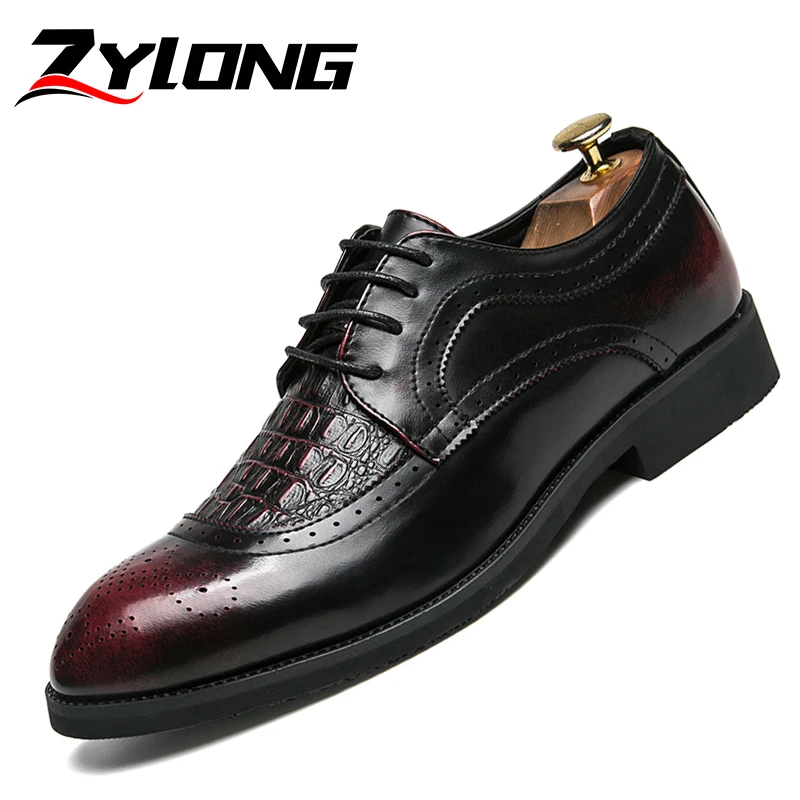 

High Quality Men Shoes Leather Formal Shoes Brogues Oxfords Shoes Men Lace-Up Bullock Business Dress Office Shoes Male Red Black
