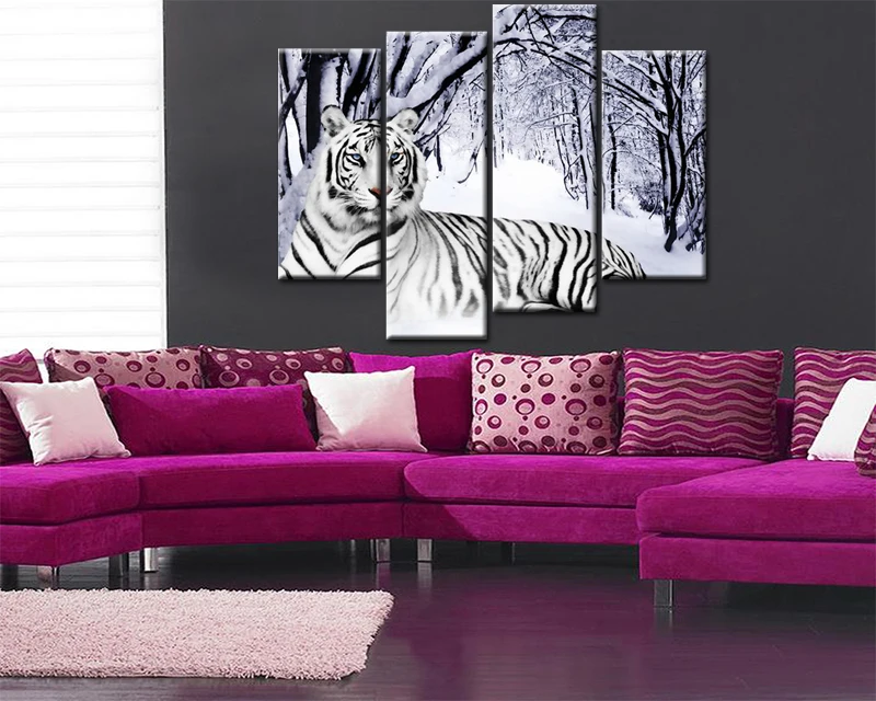 

Modular Wall Painting 4 Pieces Tiger Paintings White Animal Wall Art Print On Canvas For Home Decoration Without Framed