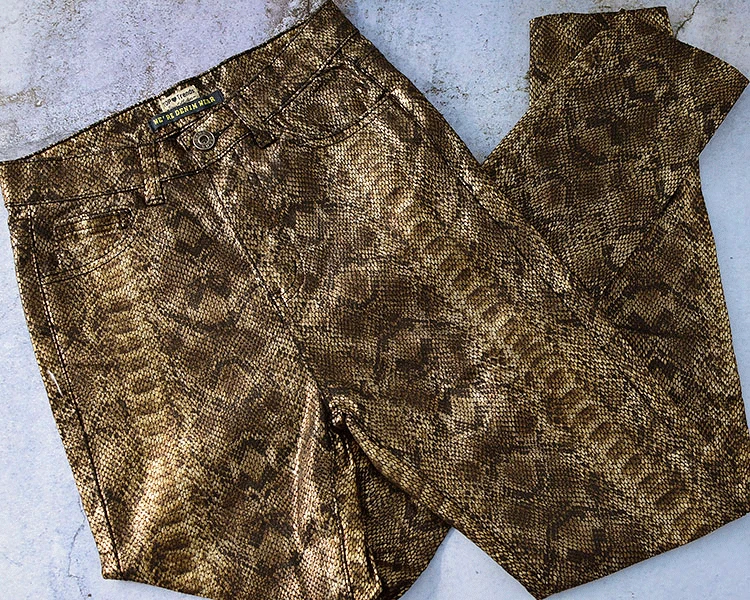 Женские брюки со змеиным принтом, женские обтягивающие джинсы с высокой талией и эффектом пуш-ап, уличная одежда с животным узором, винтажные золотистые леггинсы
