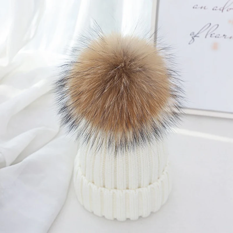 Real Fur Hat Knitted Real fox hair bulb Pom Pom Hat Women Winter Hat Unisex Kids Warm with wool Chunky Thick Stretchy Knit hat - Цвет: mink white